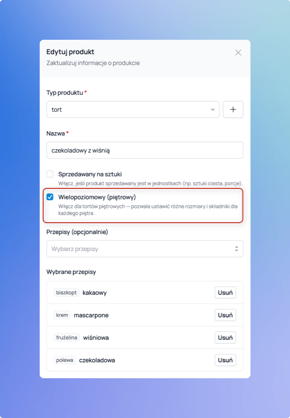 Opcja produktu piętrowego w formularzu edycji produktu w Cukrio