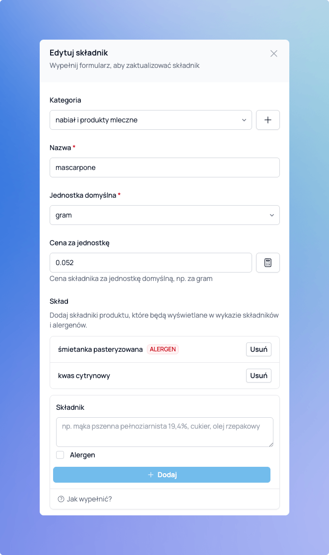 Dodawanie składnika w Cukrio