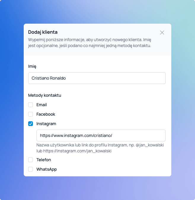 Formularz dodawania klienta w Cukrio