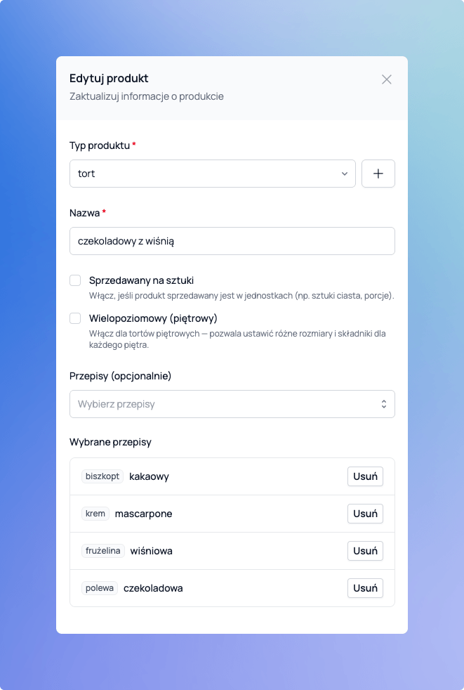 Formularz dodawania produktu w Cukrio
