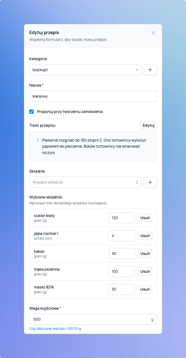 Dodawanie receptury w Cukrio