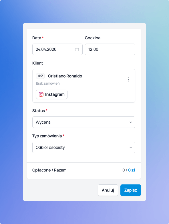 Formularz tworzenia zamówienia w Cukrio — sposób realizacji, data i klient