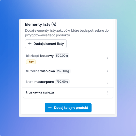 Elementy listy komponentów w zamówieniu Cukrio