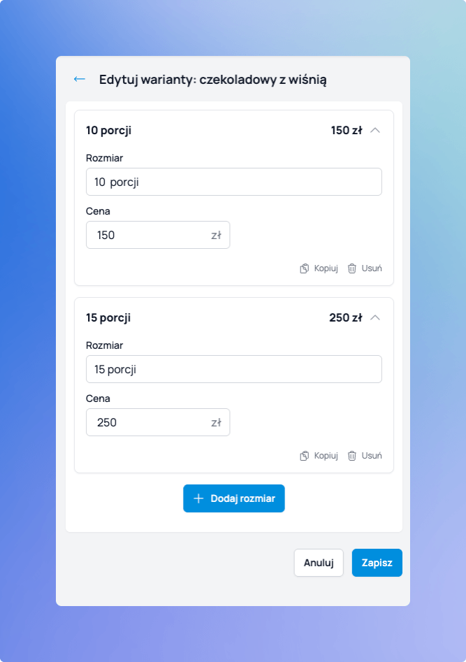 Rozmiary produktu w Cukrio