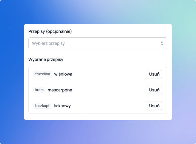 Lista receptur przypisanych do produktu w Cukrio