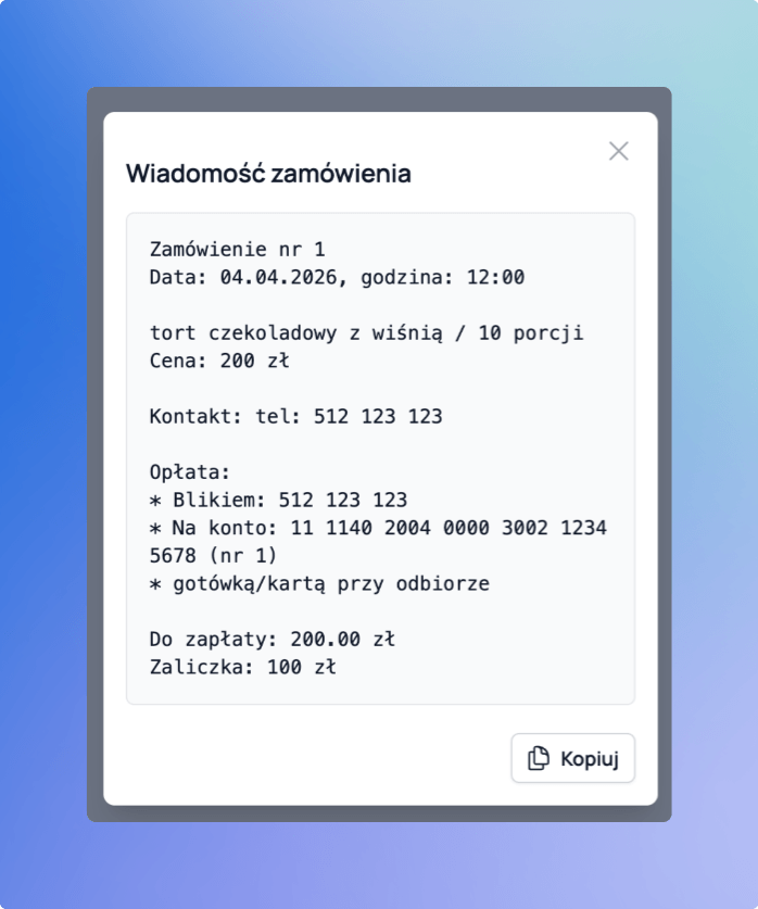 Przykład wiadomości do klienta w Cukrio